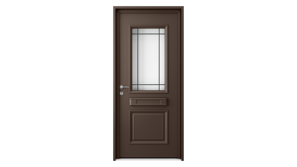 Porte d'entée aluminium LEMNOS 2 Porte d'entrée marron avec barre de tirage et décors vitrés